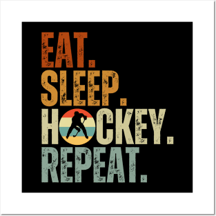 Eat Sleep Hockey Repeat Kids Adult Ice Hockey Retro Vintage Posters and Art